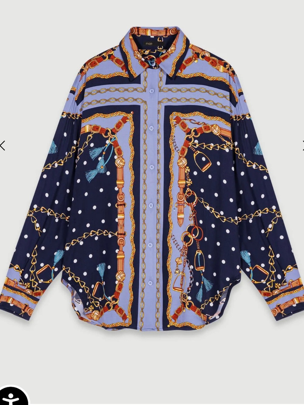 Maje Navy, Light Blue and Gold Chain-Print Button-Up Blouse